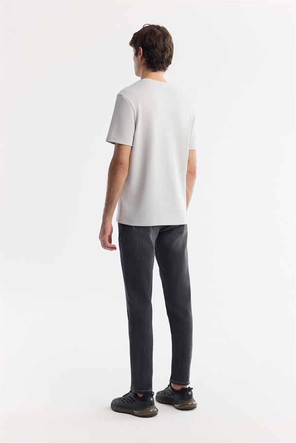Gri Bisiklet Yaka Puff Print T-Shirt