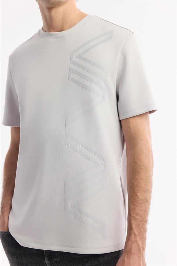 Gri Bisiklet Yaka Puff Print T-Shirt