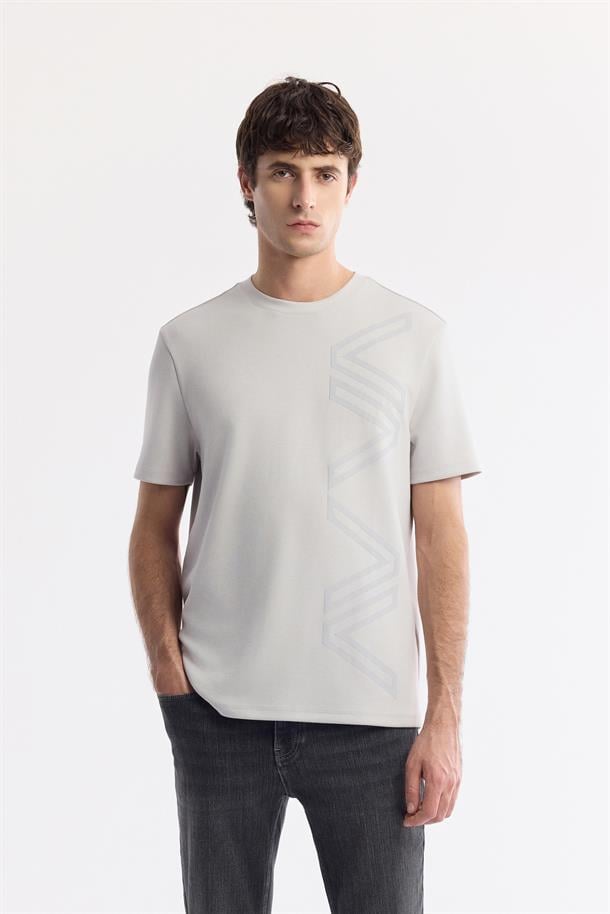 Gri Bisiklet Yaka Puff Print T-Shirt