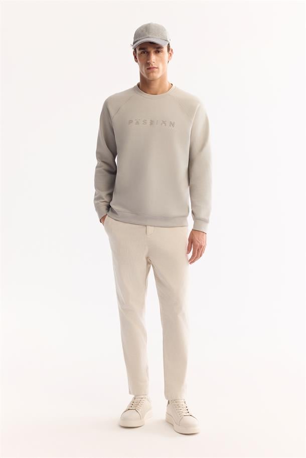 Gri Bisiklet Yaka Rubber Baskılı İnterlok Sweatshirt