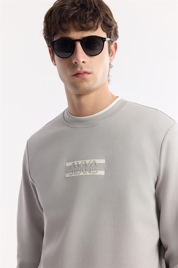 Gri Bisiklet Yaka Silikon Transfer Baskılı İnterlok Sweatshirt
