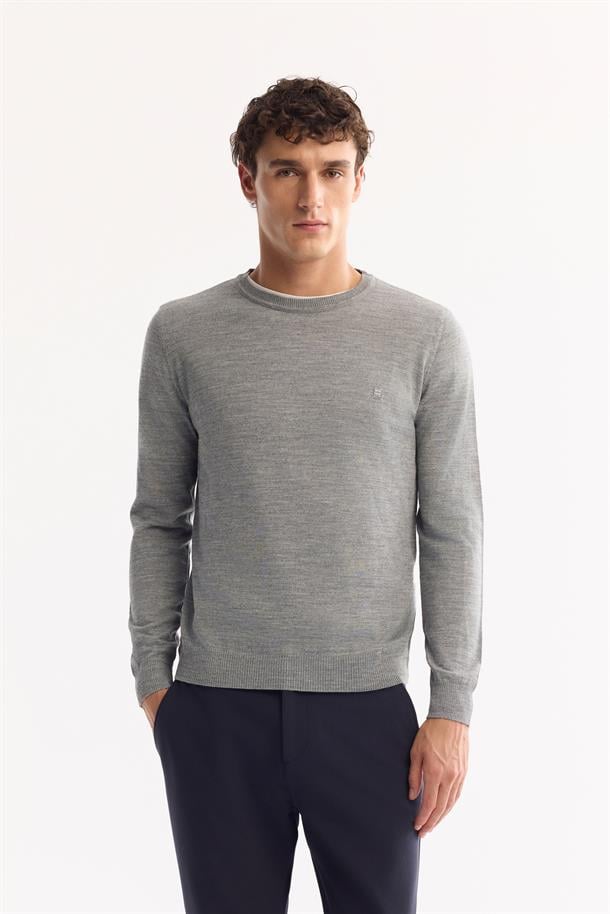 Grey Wool Blend Crew Neck Jumper
