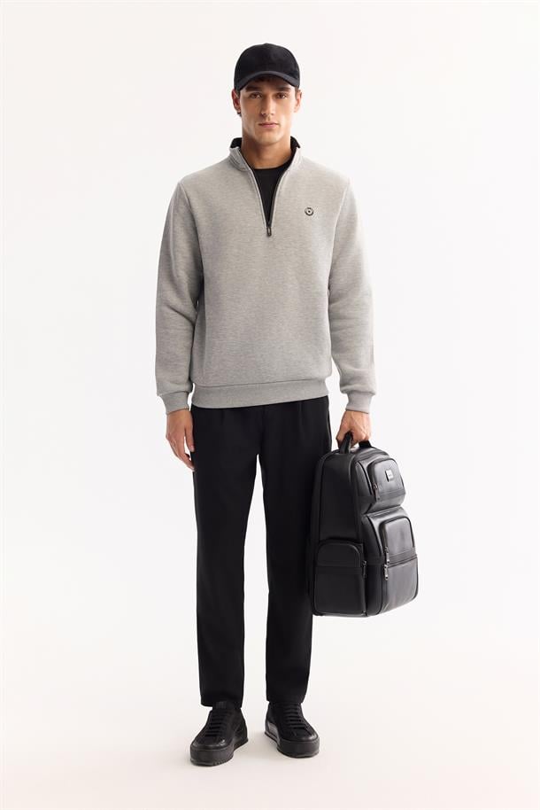 Gri Dik Yaka Fermuarlı 3 İplik Şardonlu Sweatshirt