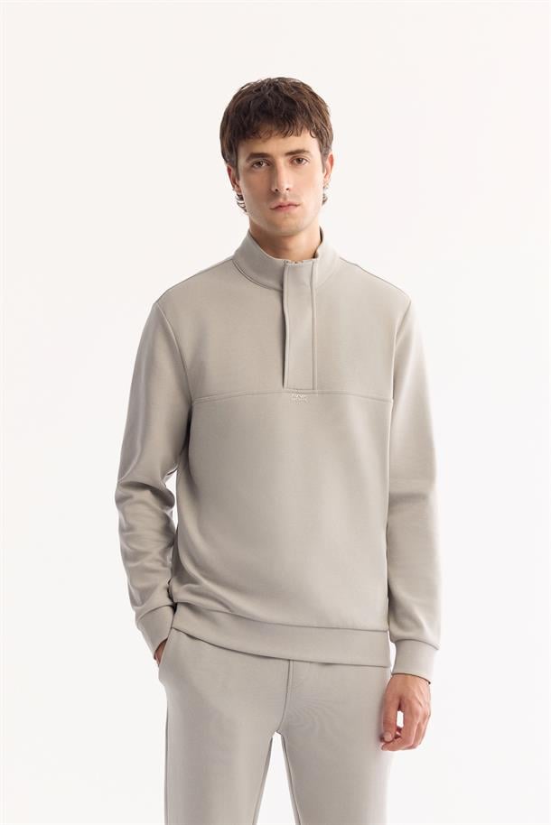 Gri Dik Yaka  Fermuarlı Gizli Pat  İnterlok Sweatshirt