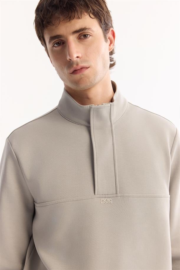 Gri Dik Yaka  Fermuarlı Gizli Pat  İnterlok Sweatshirt