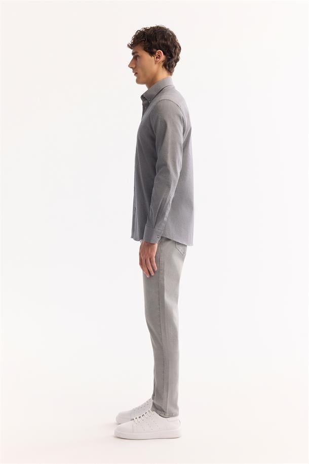 Gri Düğmeli Yaka Gofreli Çizgili Slim Fit Uzun Kol Gömlek