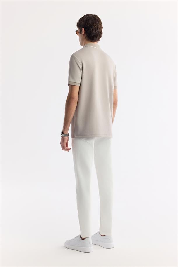 Gri Fermuarlı Polo Yaka Flexi Baskı Detaylı İnterlok T-Shirt
