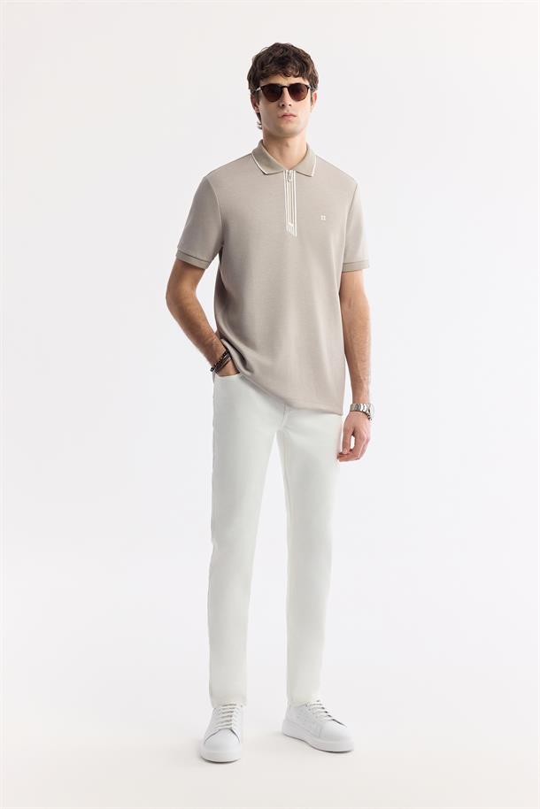 Gri Fermuarlı Polo Yaka Flexi Baskı Detaylı İnterlok T-Shirt