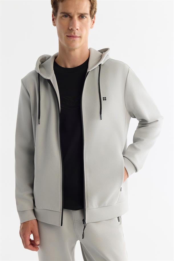 Gri Kapüşonlu İnterlok Kumaş Fermuarlı  Sweatshirt