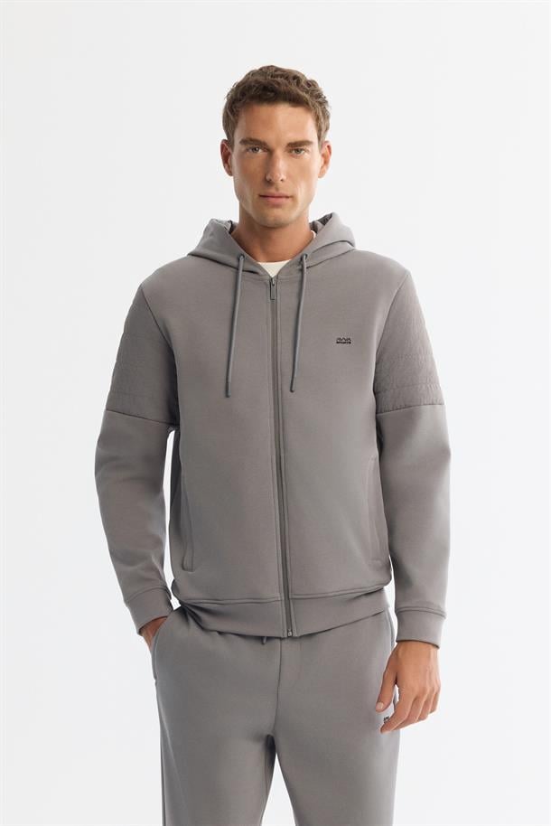 Gri Kapüşonlu Pamuklu Fermuarlı Elastan Sweatshirt