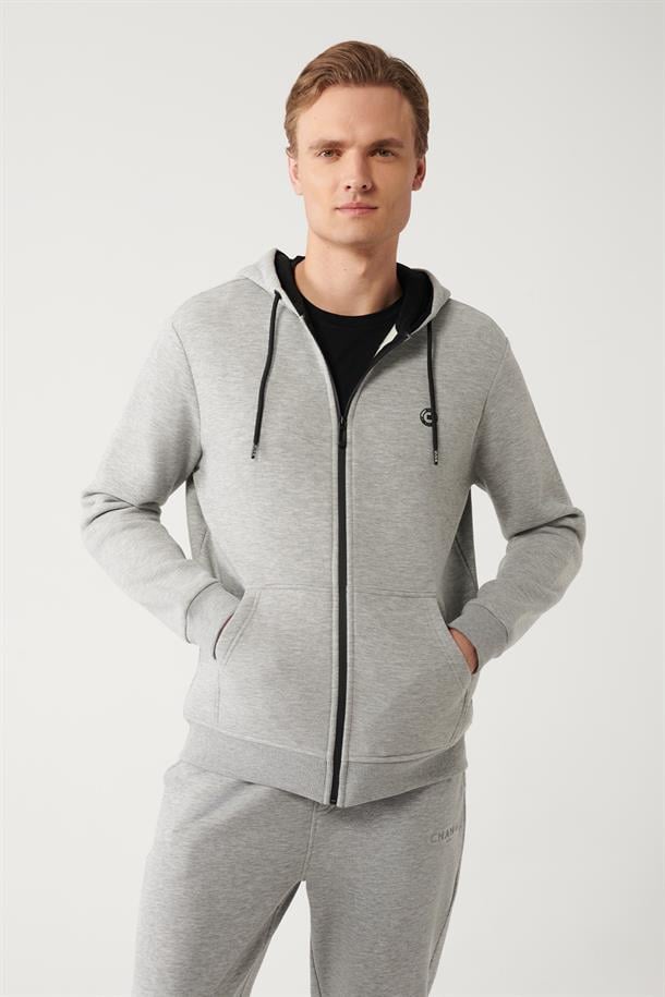 Gri Kapüşonlu Yaka Şardonlu 3 İplik Fermuarlı Sweatshirt
