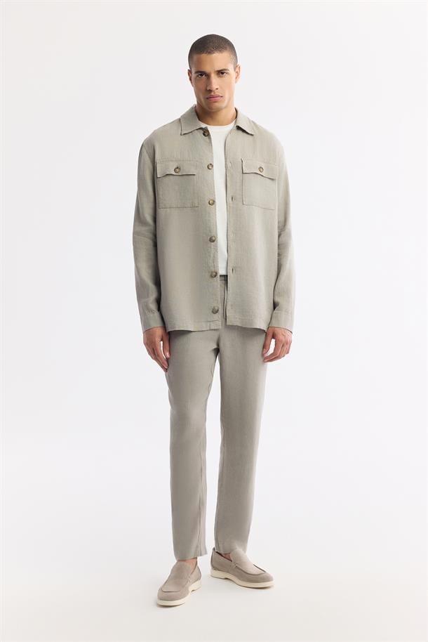Gri Klasik Yaka %100 Keten Comfort Fit Gömlek Ceket