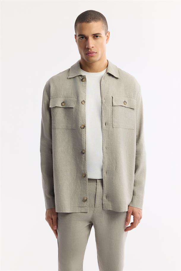 Gri Klasik Yaka %100 Keten Comfort Fit Gömlek Ceket