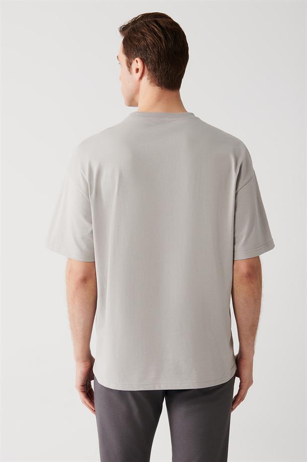 Gri Oversize Bisiklet  Yaka T-shirt