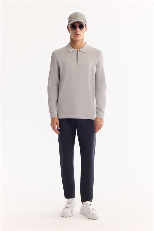 Gri Polo Yaka Basic Düz Rayon Kazak