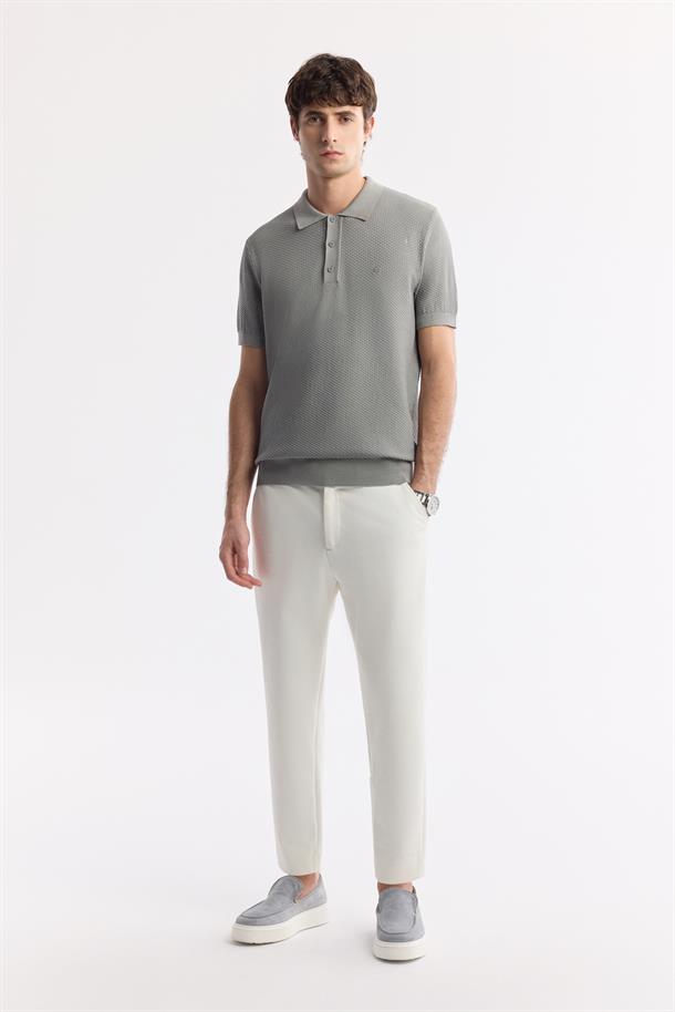 Gri Polo Yaka Dokulu Triko T-shirt