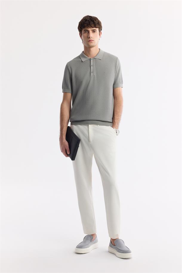 Gri Polo Yaka Dokulu Triko T-shirt