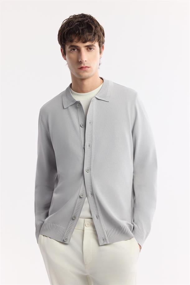 Gri Polo Yaka Önden Düğmeli Rayon Triko Hırka