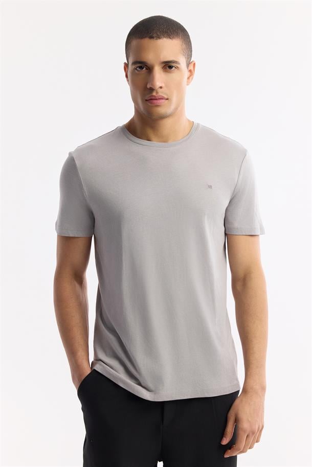 Gri Soft Touch Bisiklet Yaka Düz Modal T-Shirt