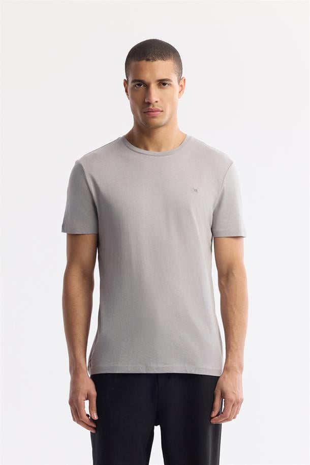 Gri Soft Touch Bisiklet Yaka Düz Modal T-Shirt
