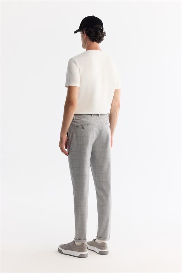 Gri Yanları Lastikli Ekose Duble Paça Slim Fit Jogger Pantolon