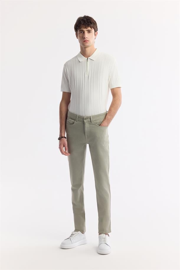 Haki Akar Boya Slim Fit Denim Pantolon