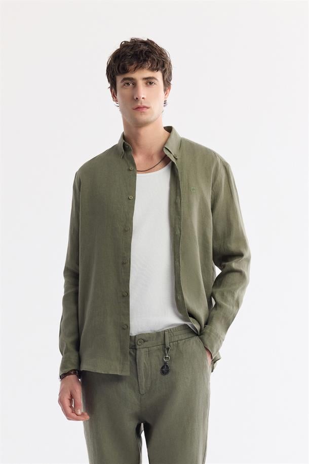 Haki Beli Lastikli %100 Keten Pantolon