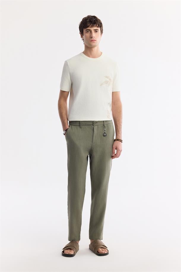 Haki Beli Lastikli %100 Keten Pantolon