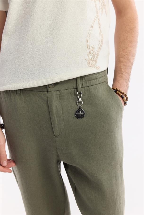 Haki Beli Lastikli %100 Keten Pantolon