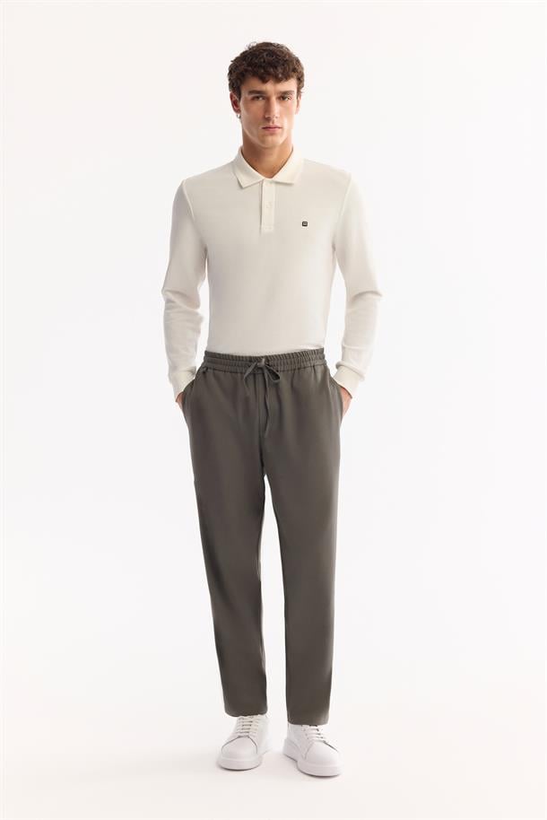 Haki Beli Lastikli Bağcıklı Relaxed Fit Pantolon