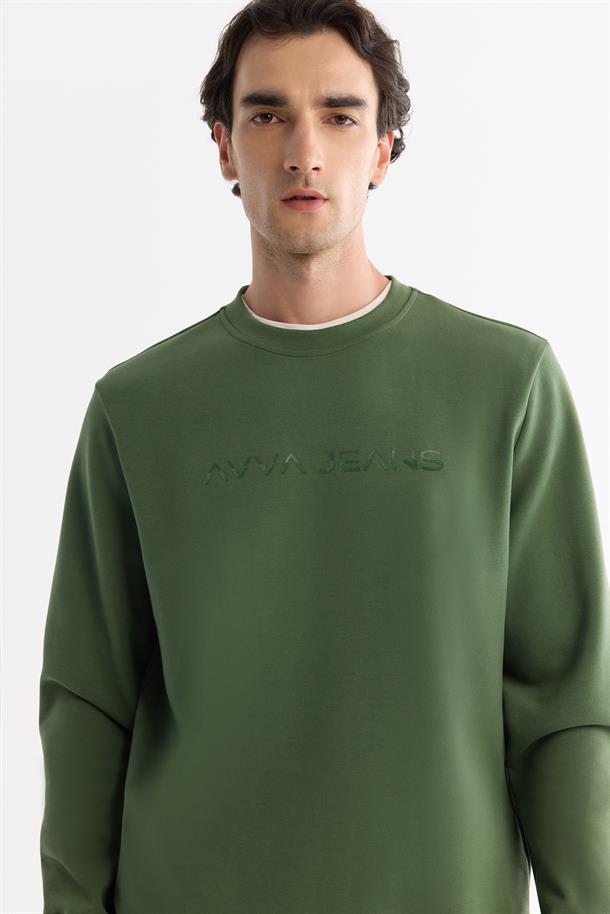 Haki Bisiklet Yaka Baskılı Sweetshirt