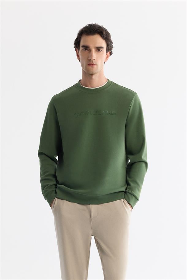 Haki Bisiklet Yaka Pamuklu Baskılı Sweatshirt