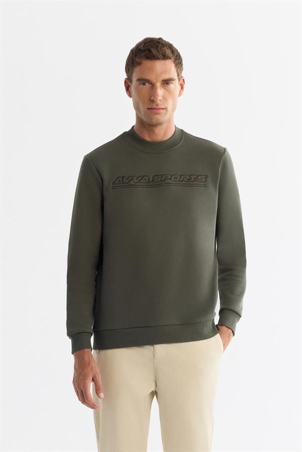 Haki Bisiklet Yaka Pamuklu Baskılı Sweatshirt