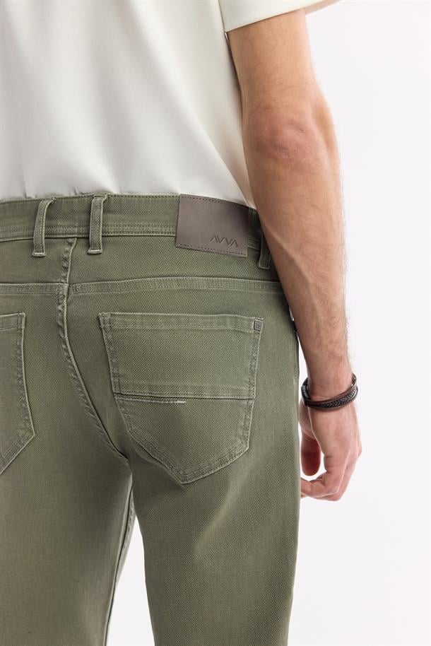 Haki Eskitme Yıkamalı Pamuklu Jean Pantolon