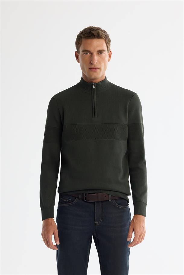 Khaki Half Zip Mock Turtleneck Jumper