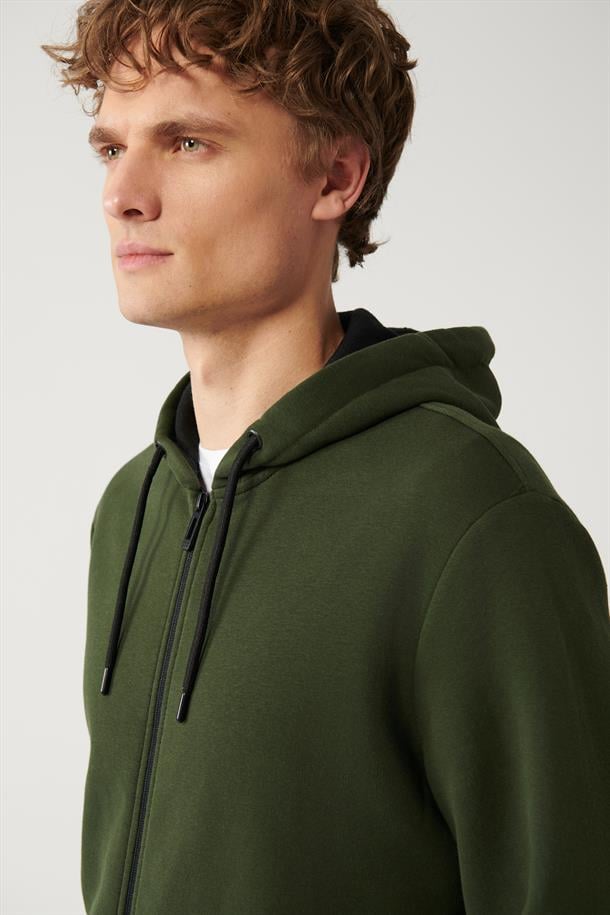 Haki Kapüşonlu Yaka Şardonlu 3 İplik Fermuarlı Sweatshirt