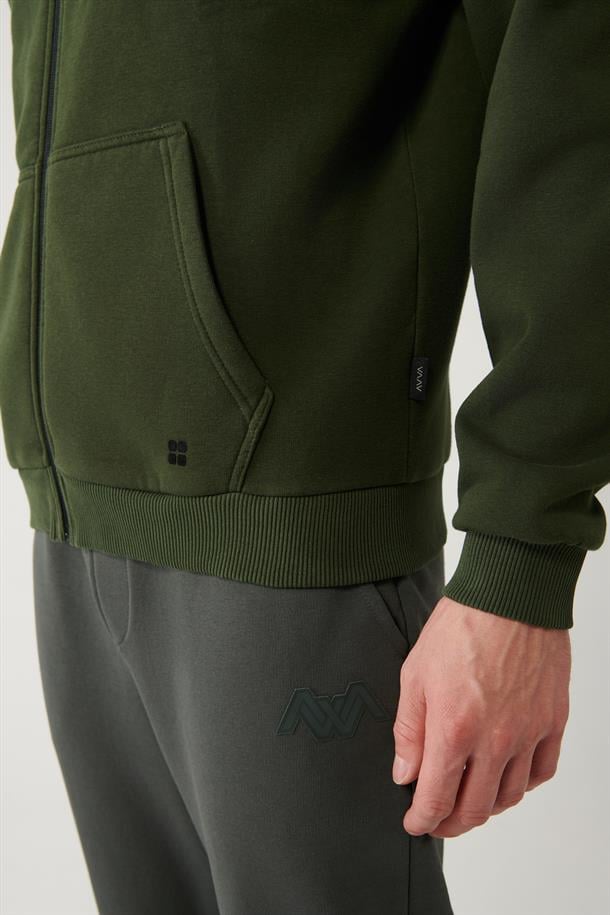 Haki Kapüşonlu Yaka Şardonlu 3 İplik Fermuarlı Sweatshirt