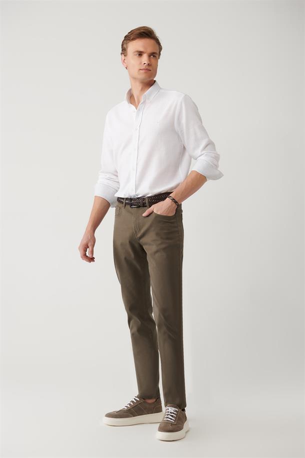 Haki Klasik Bel Armürlü Tensel Karışımlı 5 Cep Perge Slim Fit Pantolon