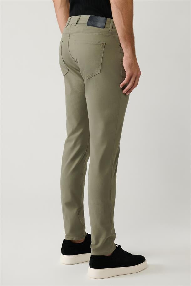 Haki Klasik Bel Armürlü Tensel Karışımlı 5 Cep Perge Slim Fit Pantolon