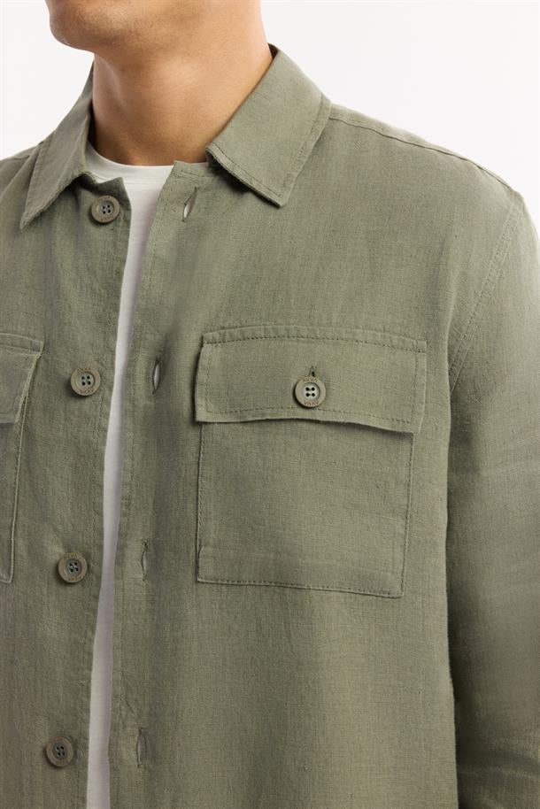 Haki Klasik Yaka %100 Keten Comfort Fit Gömlek Ceket