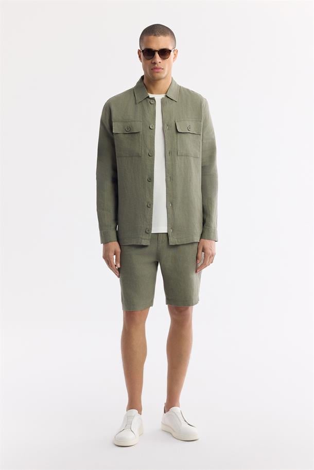 Haki Klasik Yaka %100 Keten Comfort Fit Gömlek Ceket