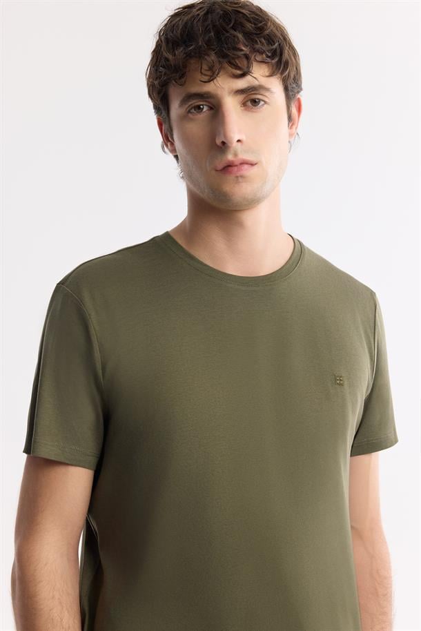 Haki Soft Touch Bisiklet Yaka Düz Modal T-Shirt