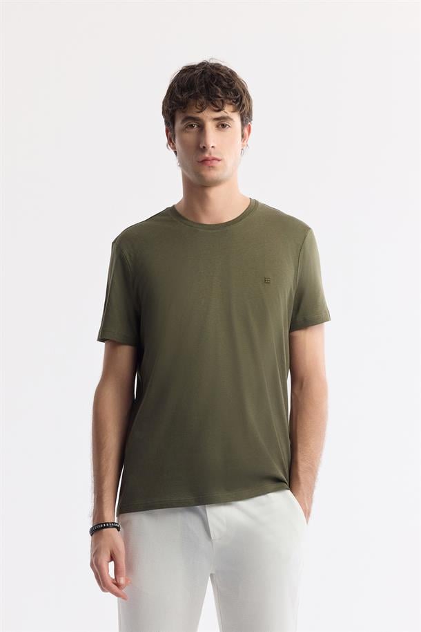 Haki Soft Touch Bisiklet Yaka Düz Modal T-Shirt