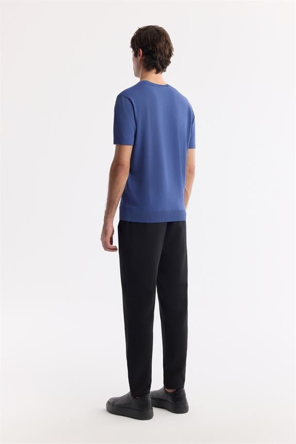 İndigo Bisiklet Yaka Önü Jakar Detaylı Rayon Triko T-shirt