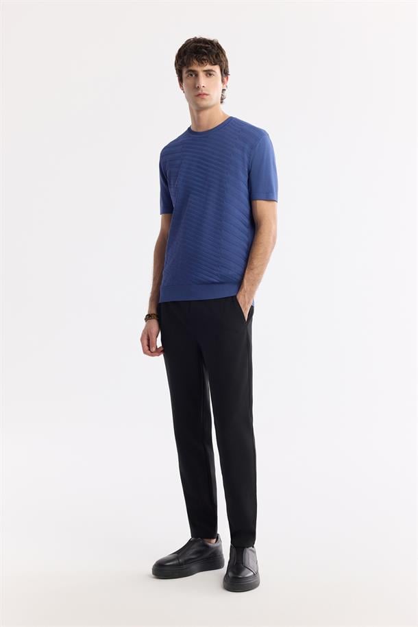 İndigo Bisiklet Yaka Önü Jakar Detaylı Rayon Triko T-shirt