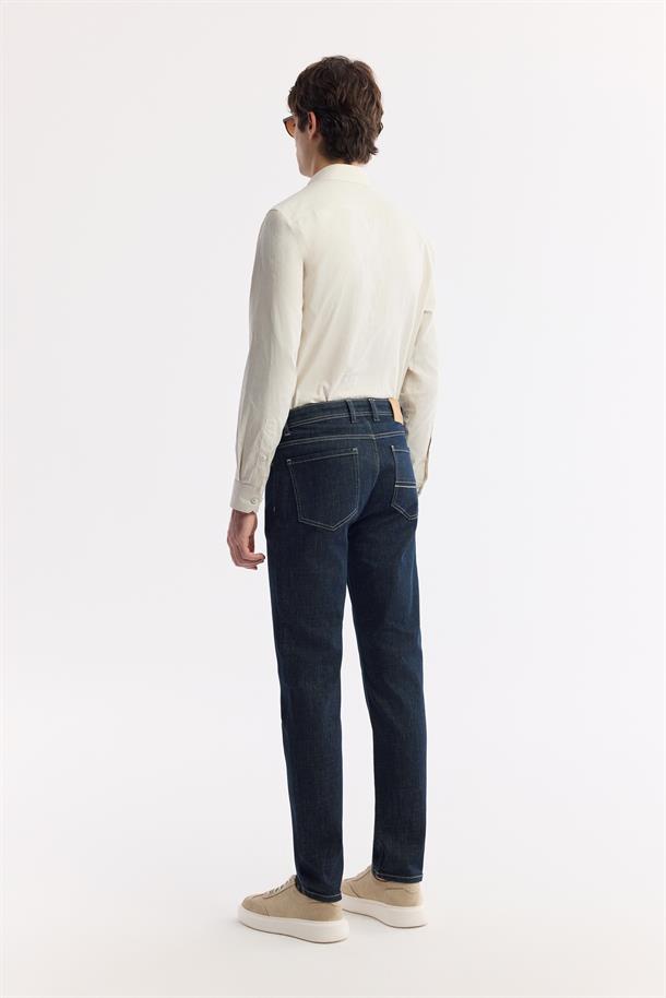 İndigo Silikon Yıkamalı Slim Fit Denim Pantolon