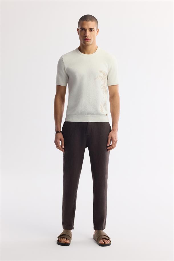 Kahve Beli Lastikli %100 Keten Issos Relaxed Fit Pantolon