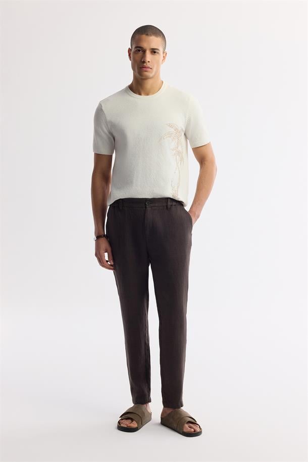 Kahve Beli Lastikli %100 Keten Issos Relaxed Fit Pantolon
