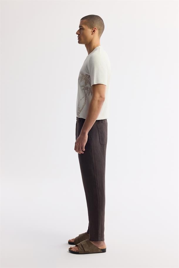 Kahve Beli Lastikli %100 Keten Issos Relaxed Fit Pantolon