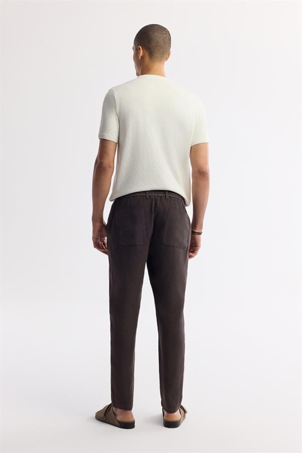 Kahve Beli Lastikli %100 Keten Issos Relaxed Fit Pantolon